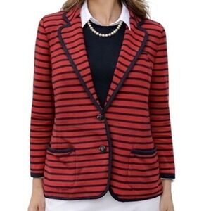 Talbots Blazer Womens 2X Red Navy Striped Knit Cotton One Button Nautical Jacket